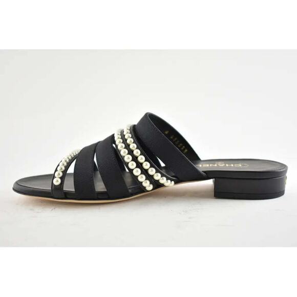 Chanel 20P Black White Pearl Strap CC Logo Slide Slip On Sandal Mule Flat 36 - Picture 6 of 9